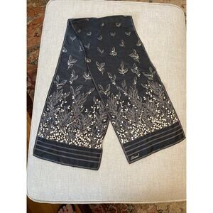 Vintage BURMEL Rectangular Black Ivory Floral Retro Scarf